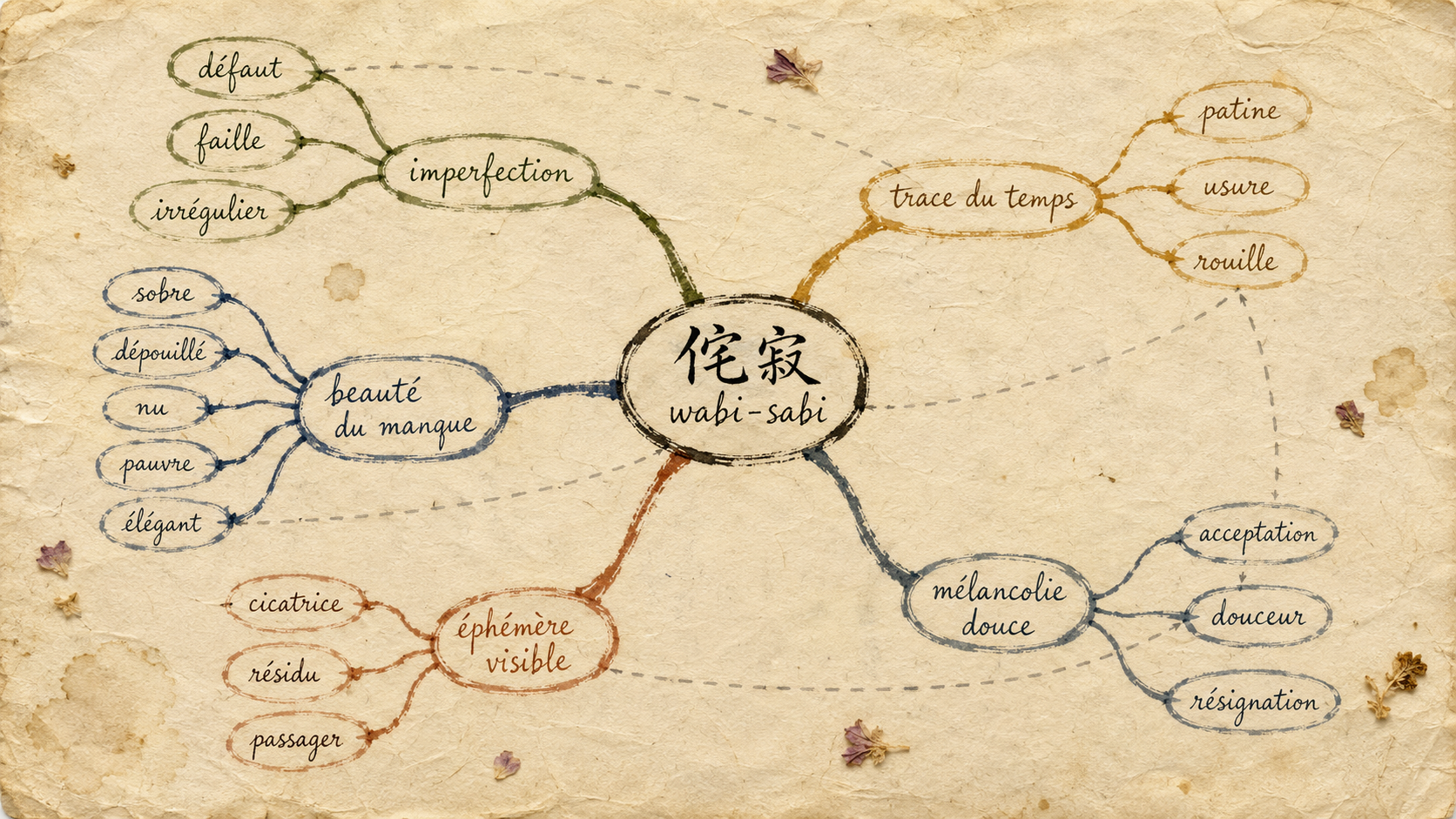 Carte mentale du vocabulaire français autour du mot japonais wabi-sabi